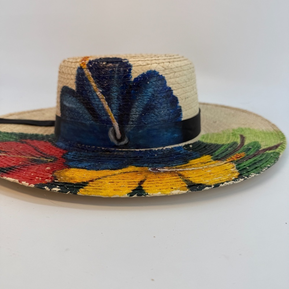 BOHO Hand Painted Artesian Signed Lilly Fedora Hat Floral Artsy SZ Large Ribbon - Picture 2 of 11